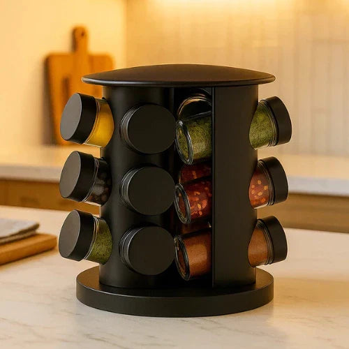 Porta Temperos Giratório 360º com Potes de Vidro e Tampa Dosadora | Organizador de Condimentos Premium
