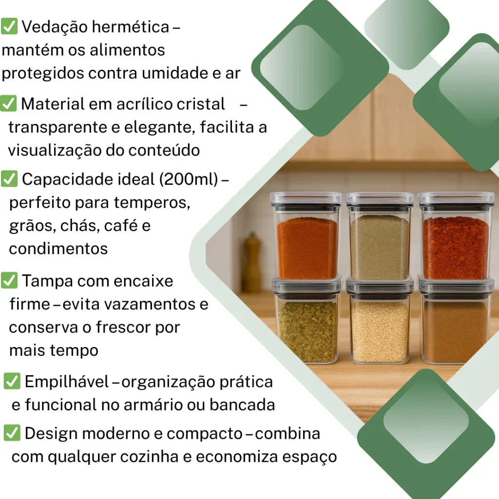 Kit Potes Herméticos Acrílico Cristal 200ml Empilháveis | Organizador de Alimentos com Vedação Premium