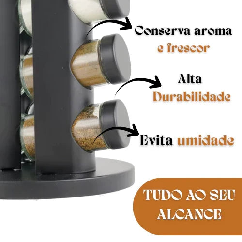 Porta Temperos Giratório 360º com Potes de Vidro e Tampa Dosadora | Organizador de Condimentos Premium