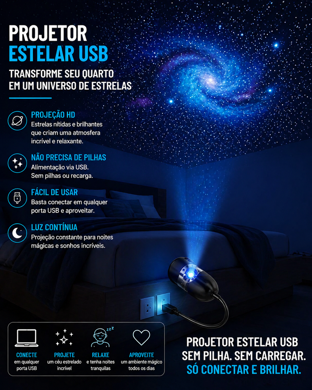 Projetor Galáxia DreamSky™ | Luz Noturna LED com Efeito Estrelado e Ambiente Relaxante