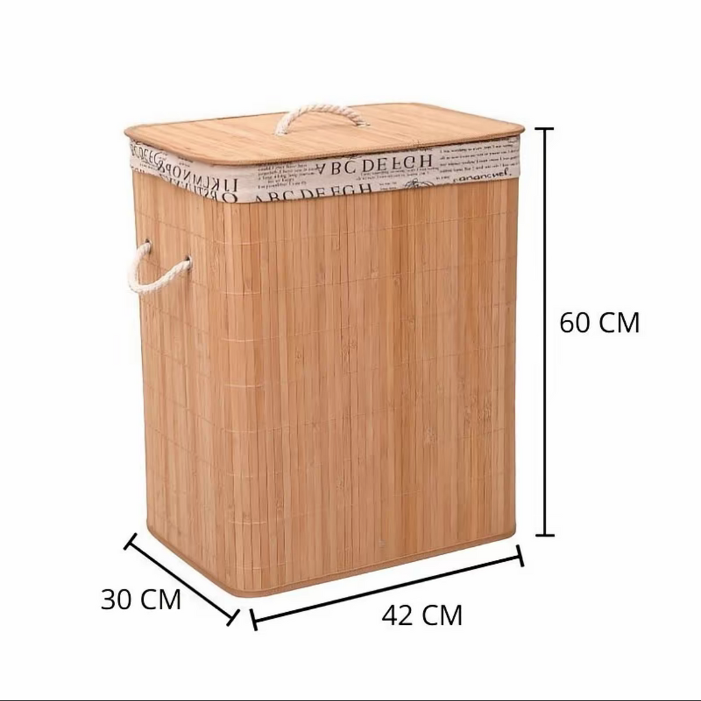 Cesto de Roupa Suja em Bambu com Tampa e Saco Removível – 42x30x60cm