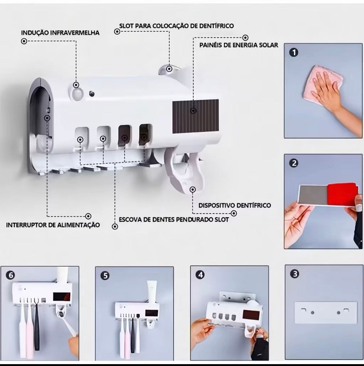 Porta Escova de Dente com Esterilizador UV + Espremedor Automático de Pasta | Solar + USB