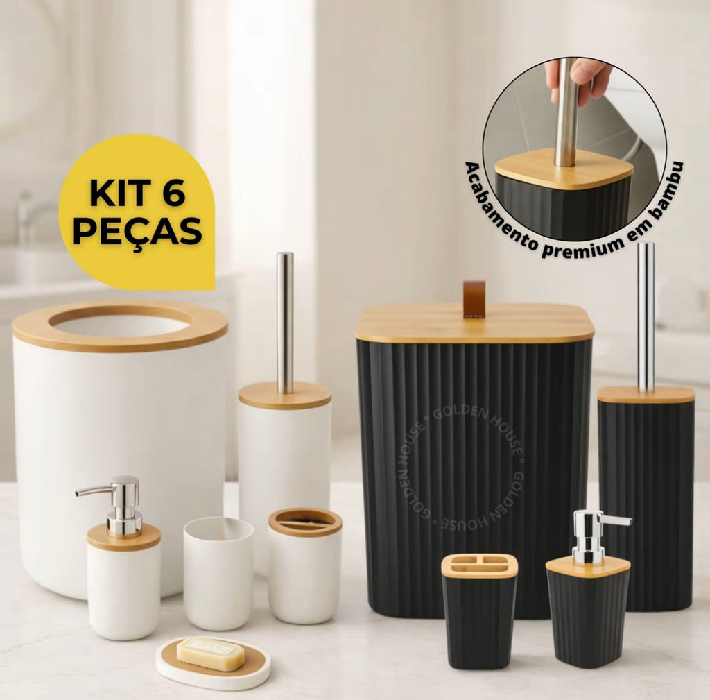 Kit Banheiro 6 Peças com Acabamento em Bambu – Preto ou Branco | Golden House