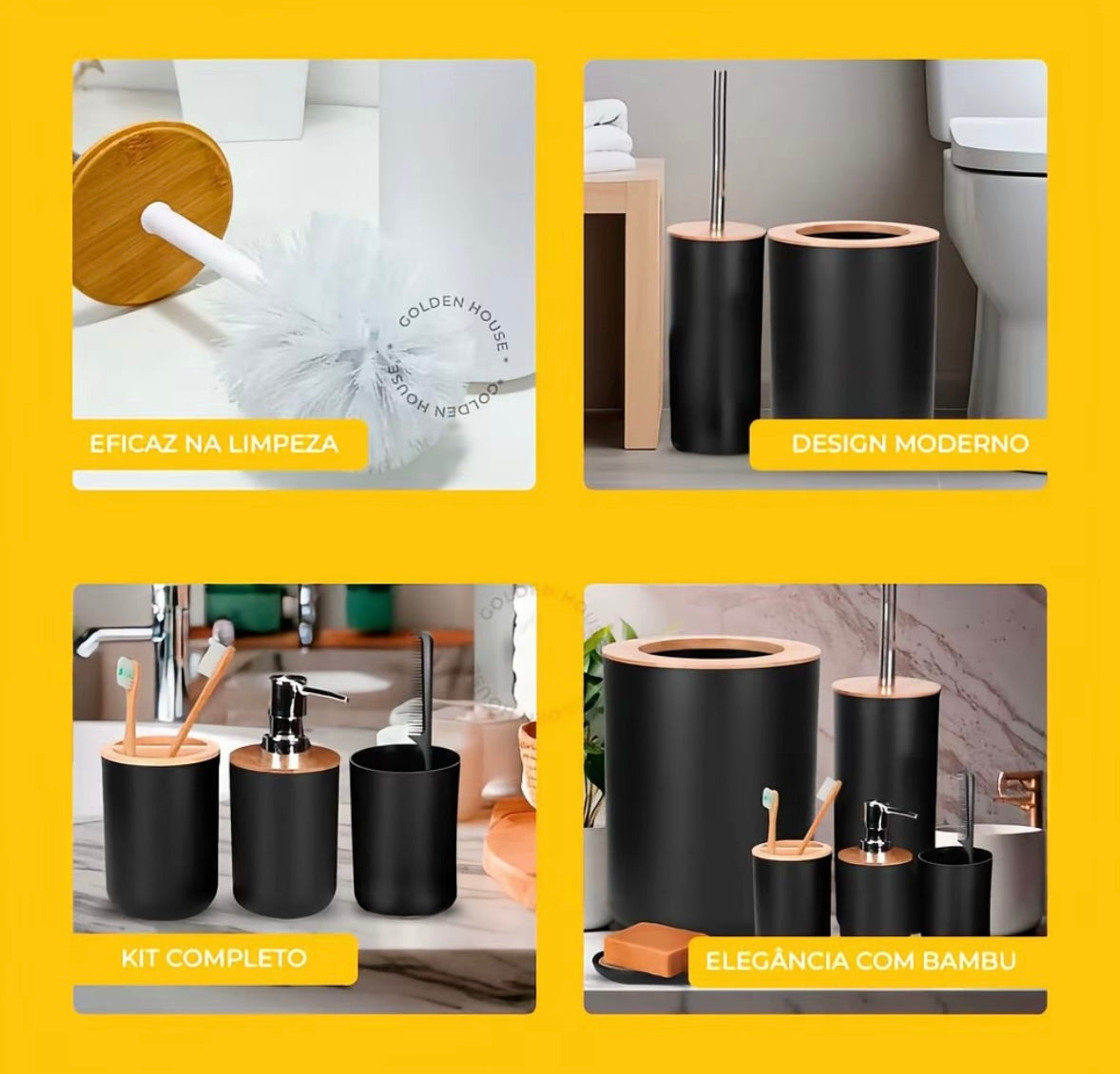 Kit Banheiro 6 Peças com Acabamento em Bambu – Preto ou Branco | Golden House