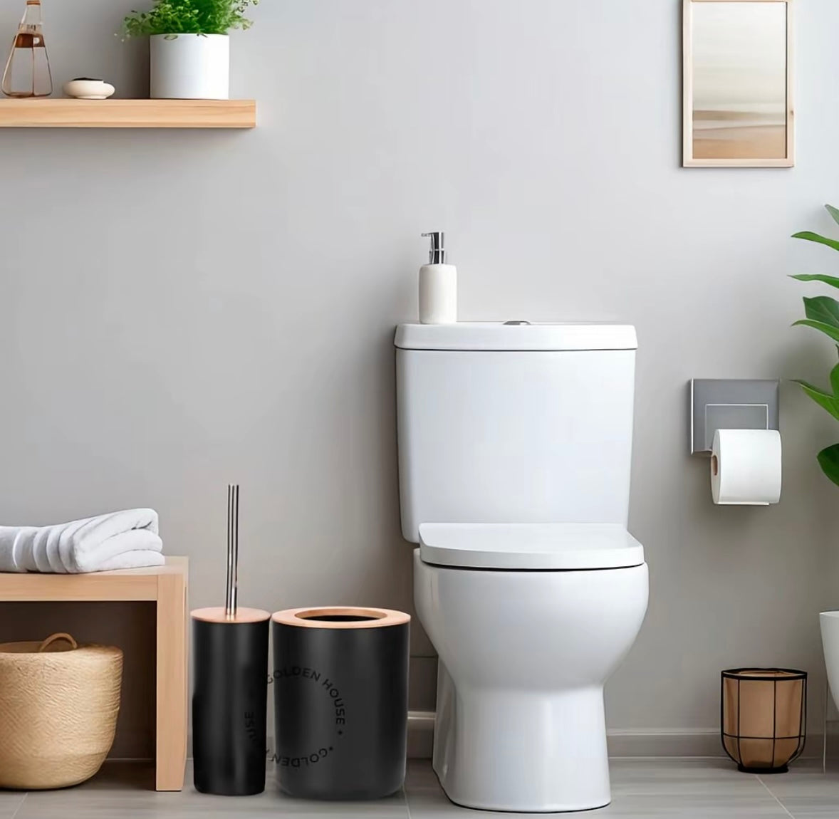 Kit Banheiro 6 Peças com Acabamento em Bambu – Preto ou Branco | Golden House
