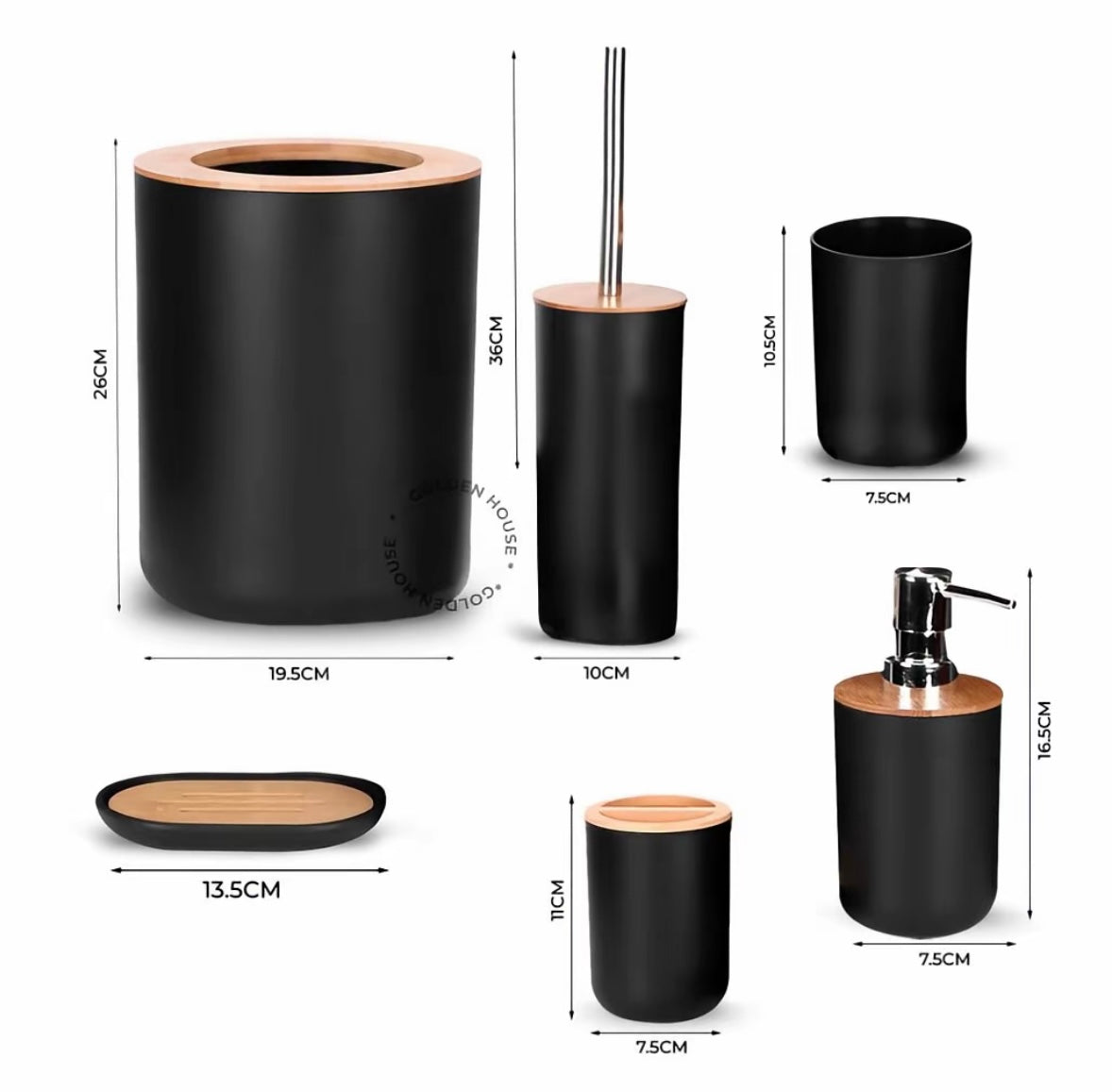Kit Banheiro 6 Peças com Acabamento em Bambu – Preto ou Branco | Golden House